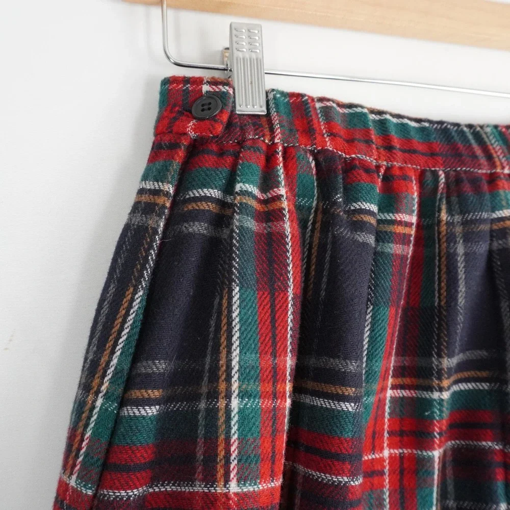 Vtg Koret Plaid‎ Midi Skirt Navy Red Green Wool Blend Pleated A-Line XS Academia